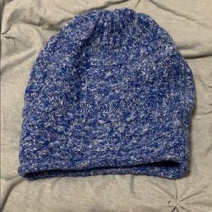 Blue and white knit beanie